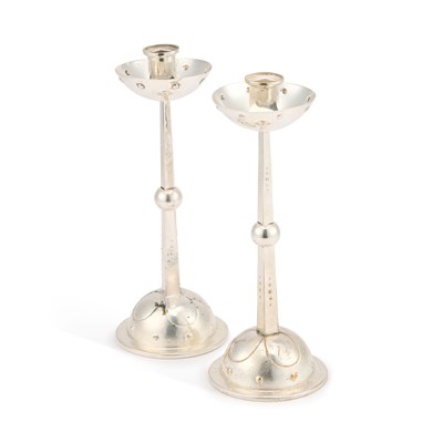 Lot 170 - A PAIR OF SILVERED METAL CANDLESTICKS