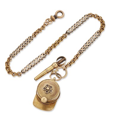 Lot 1620 - A 19TH CENTURY WATCH CHAIN WITH A NOVELTY FOB