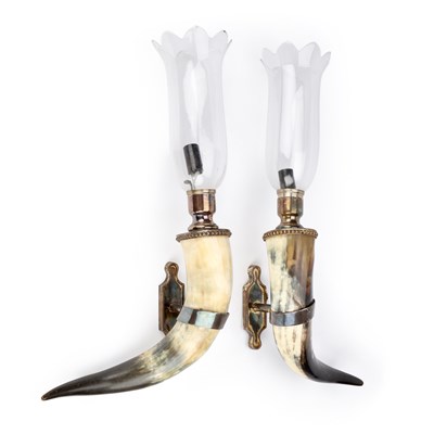 Lot 696 - A PAIR OF SILVER-PLATED AND BOVINE HORN WALL LIGHTS