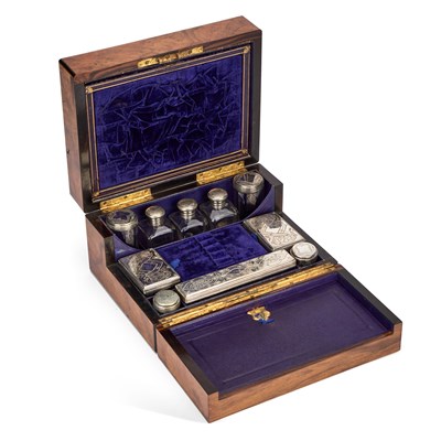 Lot 798 - A 19TH CENTURY WALNUT TRAVELLING VANITY CASE