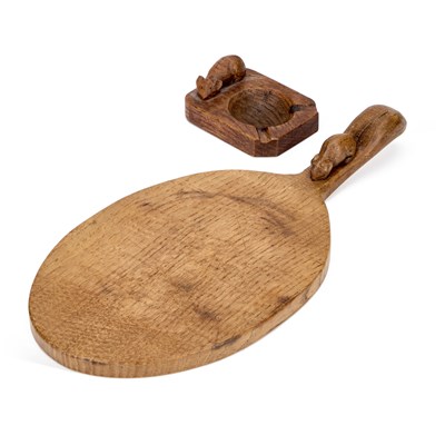 Lot 800 - ROBERT THOMPSON OF KILBURN, A MOUSEMAN OAK CHEESEBOARD AND ASHTRAY