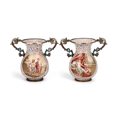 Lot 247 - A PAIR OF VIENNESE ENAMEL TWO-HANDLED VASES