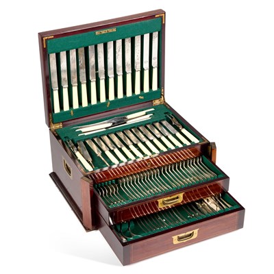Lot 199 - AN EARLY 20TH CENTURY BRASS-INLAID MAHOGANY CASED CANTEEN OF SILVER-PLATED CUTLERY
