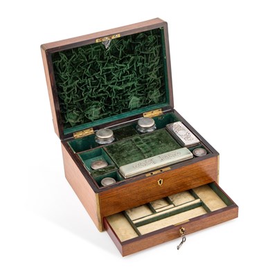 Lot 709 - A 19TH CENTURY BRASS-MOUNTED ROSEWOOD TRAVELLING TOILET BOX