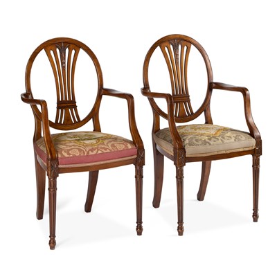 Lot 686 - A PAIR OF HEPPLEWHITE STYLE WALNUT ELBOW CHAIRS
