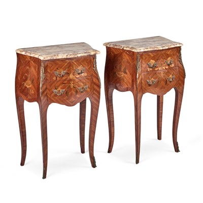 Lot 684 - A PAIR OF LOUIS XV STYLE MARBLE-TOPPED AND FLORAL MARQUETRY BEDSIDE TABLES