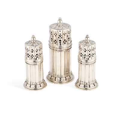 Lot 270 - A SET OF THREE SILVER LIGHTHOUSE CASTERS WITH BAYONET COVERS