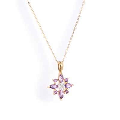 Lot 398 - A 9 CARAT GOLD AMETHYST AND DIAMOND CLUSTER PENDANT ON CHAIN