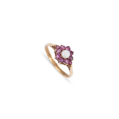 Lot 463 - A 9 CARAT GOLD OPAL AND RUBY CLUSTER RING