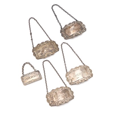 Lot 106 - A GROUP OF FIVE SILVER WINE LABELS