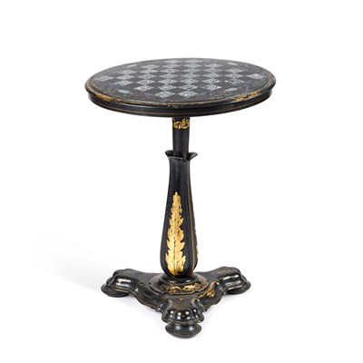 Lot 642 - A VICTORIAN PAPIER-MACHE TILT-TOP OCCASIONAL TABLE
