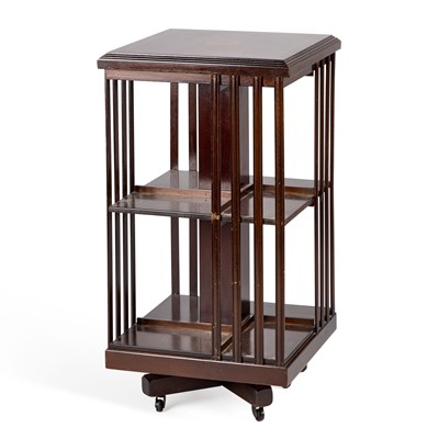 Lot 690 - AN EDWARDIAN STYLE INLAID MAHOGANY REVOLVING BOOKCASE