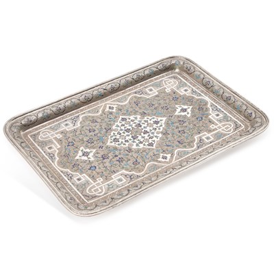 Lot 134 - A PERSIAN SILVER AND ENAMEL TRAY