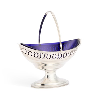 Lot 340 - A GEORGE III SILVER SWING-HANDLED SUGAR BASKET