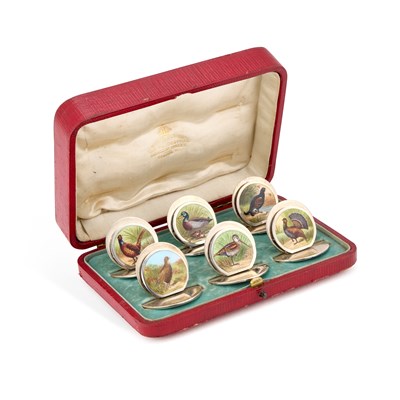 Lot 272 - A GOOD CASED SET OF SIX EDWARDIAN SILVER AND ENAMEL MENU HOLDERS