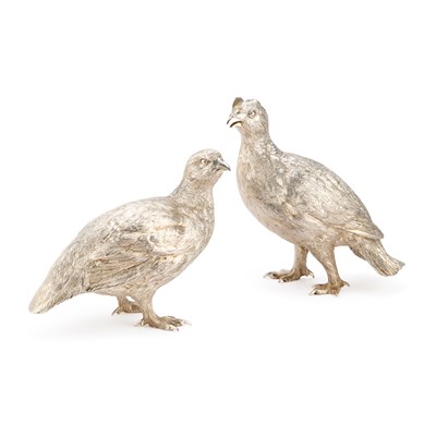 Lot 230 - A PAIR OF ELIZABETH II CAST SILVER MODELS OF GROUSE