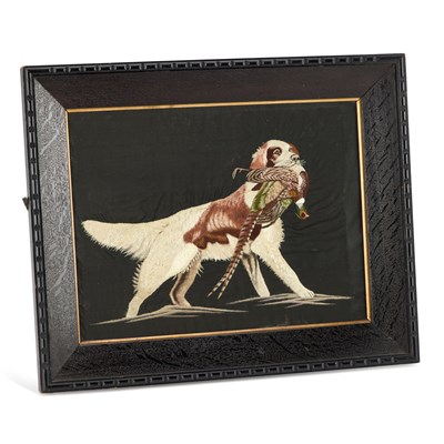 Lot 78 - A JAPANESE EMBROIDERED SILK PANEL OF A POINTER AND PREY