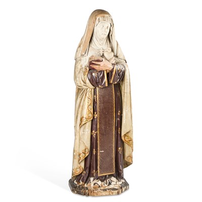 Lot 555 - A LARGE LATE 18TH CENTURY FRENCH SCHOOL CARVED FIGURE OF A FEMALE SAINT