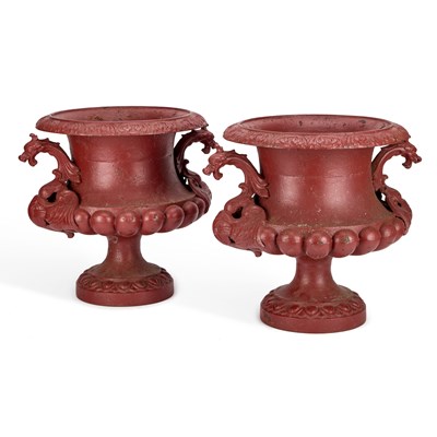 Lot 613 - A PAIR OF PAINTED CAST IRON URNS