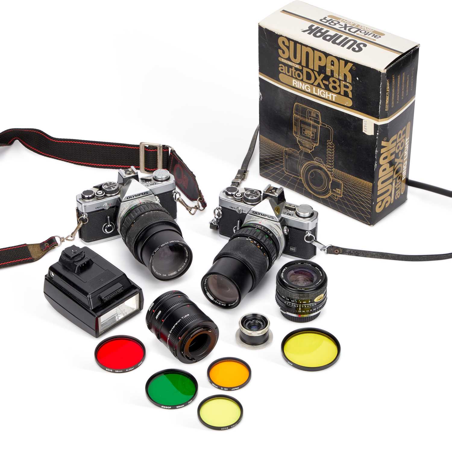 Lot 181 - TWO OLYMPUS OM-2N MD 35MM SLR CAMERAS AND AN OLYMPUS OM-2 FLASH