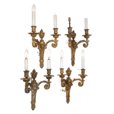 Lot 614 - A GOOD SET OF FOUR 19TH CENTURY ORMOLU TWO-LIGHT WALL SCONCES