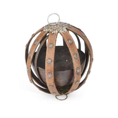 Lot 2 - A 19TH CENTURY SILVER-MOUNTED IRON AND BENTWOOD GYROSCOPIC GIMBALED SHIP LANTERN