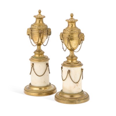 Lot 104 - A PAIR OF 19TH CENTURY ORMOLU AND MARBLE CASSOLETTES