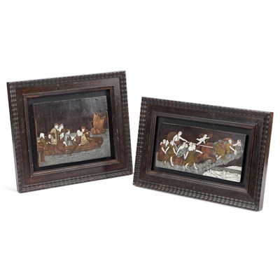 Lot 553 - A PAIR OF ITALIAN INLAID PEWTER, COPPER AND IVORY PANELS