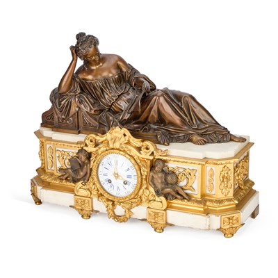 Lot 637 - A LARGE 19TH CENTURY PATINATED BRONZE, ORMOLU AND WHITE MARBLE MANTEL CLOCK