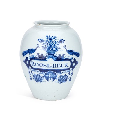 Lot 21 - A LATE 18TH CENTURY DUTCH DELFT BLUE AND WHITE ROSE SCENT JAR
