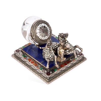 Lot 519 - A FINE 19TH CENTURY VIENNESE ROCK CRYSTAL, LAPIS LAZULI AND PEARL-SET CLOCK