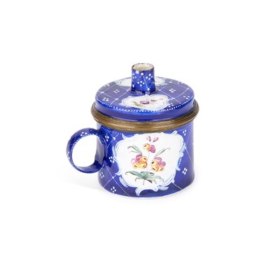 Lot 545 - A SOUTH STAFFORDSHIRE ENAMEL BOUGIE BOX OR TAPER BOX AND COVER