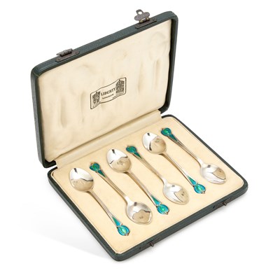 Lot 274 - A SET OF SIX ARTS AND CRAFTS SILVER AND ENAMEL COFFEE SPOONS