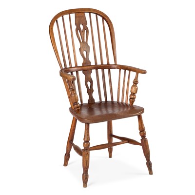 Lot 679 - A 19TH CENTURY ELM AND OAK WINDSOR CHAIR