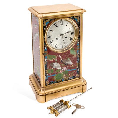 Lot 634 - A LARGE 19TH CENTURY FRENCH GILT BRASS MANTEL CLOCK WITH JAPANESE CLOISONNÉ PANELS
