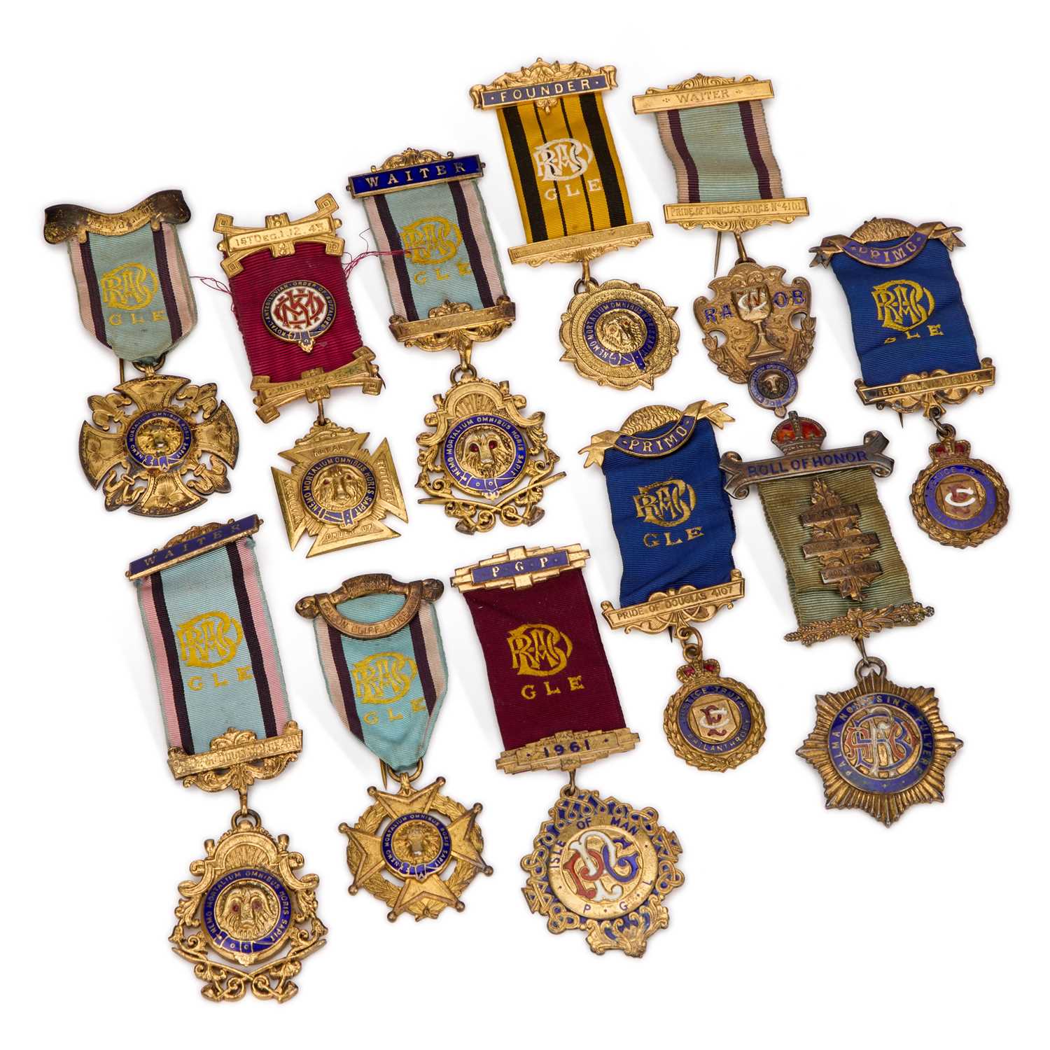 Lot A COLLECTION OF NINE ROYAL ANTEDILUVIAN ORDER OF BUFFALOES SILVER AND ENAMEL JEWELS