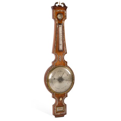 Lot 628 - A 19TH CENTURY MOTHER-OF-PEARL INLAID ROSEWOOD WHEEL BAROMETER