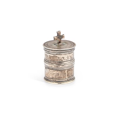 Lot 143 - A CONTINENTAL CAST SILVER CHRISMATORY HOLY OIL JAR