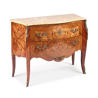 Lot 722 - A LOUIS XV STYLE MARBLE-TOPPED, GILT-METAL MOUNTED AND FLORAL MARQUETRY COMMODE