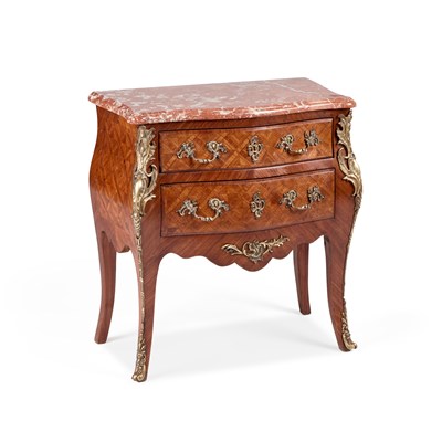 Lot 705 - A LOUIS XV STYLE MARBLE-TOPPED, GILT-METAL MOUNTED AND PARQUETRY COMMODE