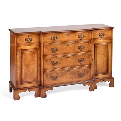 Lot 701 - A GEORGIAN STYLE BURR WALNUT BREAKFRONT SIDEBOARD