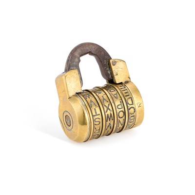 Lot 111 - A 19TH CENTURY BRASS AND IRON LETTER COMBINATION PADLOCK