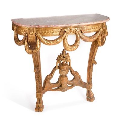 Lot 702 - A FRENCH MARBLE-TOPPED AND GILT DEMILUNE CONSOLE TABLE