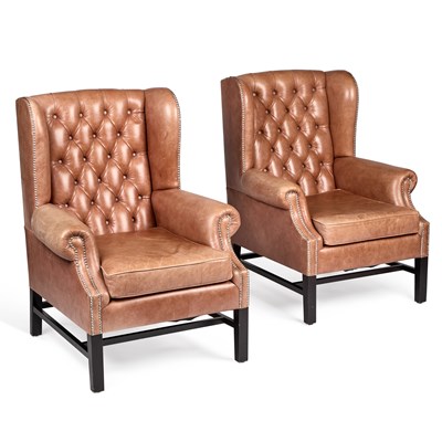 Lot 694 - A PAIR OF GEORGIAN STYLE LEATHER-UPHOLSTERED WING-BACK ARMCHAIRS