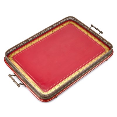 Lot 714 - A STEEL AND RED LACQUER TWO-HANDLED TRAY