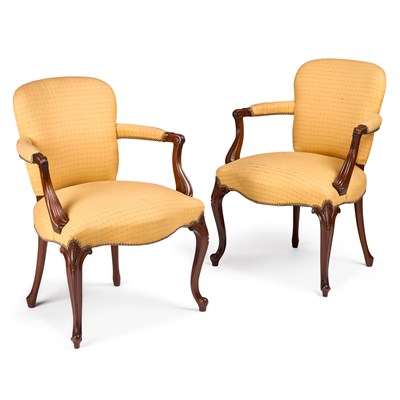 Lot 640 - A PAIR OF FRENCH HEPPLEWHITE STYLE MAHOGANY AND UPHOLSTERED ELBOW CHAIRS