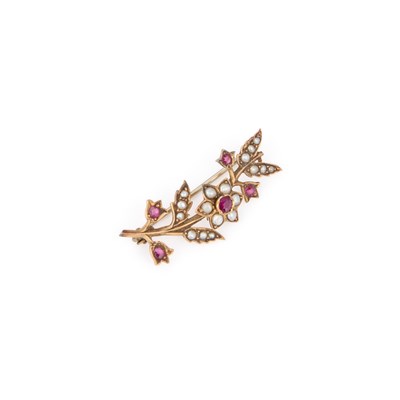Lot 463 - A RUBY AND SEED PEARL FOLIATE SPRAY BROOCH