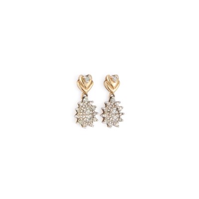 Lot 458 - A PAIR OF 9 CARAT GOLD DIAMOND CLUSTER PENDANT EARRINGS