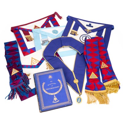 Lot 8 - A COLLECTION OF MASONIC APRONS, SASHES AND A BOOK