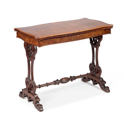 Lot 691 - A VICTORIAN BURR WALNUT FOLDOVER CARD TABLE